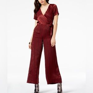 JOA Burgundy Red Striped Short-Sleeve Satin Jumpsuit - Size XS